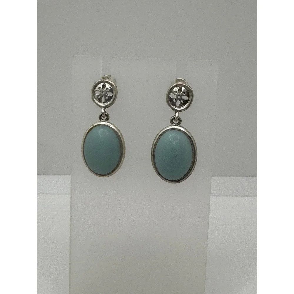 Sigrid Olsen Light Blue Oval Cabochon Silver Tone Floral Drop Earrings